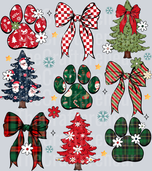 Paw Prints and Coquette Bows Christmas DTF Transfer
