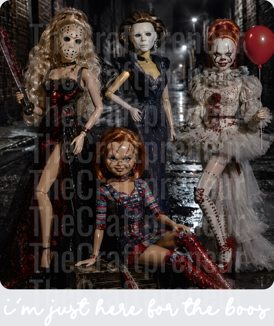 Halloween_Ratchet Barbie_Horror_Im Just Here for the Boos_Killers_Serial Killers_Horror Movies_Jason_Pennywise_Michael Myers_Chuckie_Barbie_White