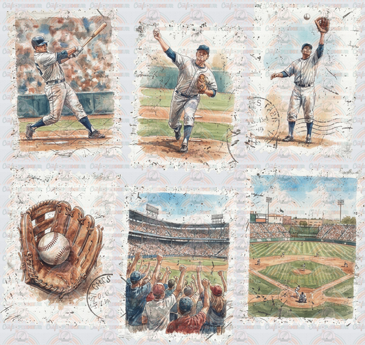 Sports_Baseball_Postage Stamp_Retro_Distressed_Unisex_Play Ball_Stadium_Glove_Batter_Crowd_Game