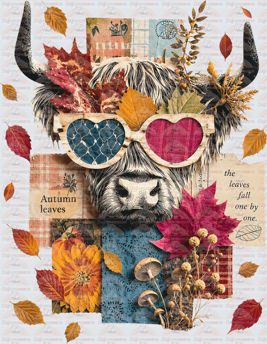Fall_Highland Cow_Scrapbook_Boho_3D_Sunnies_Autumn Leaves_Mushrooms_Fabric_Dark