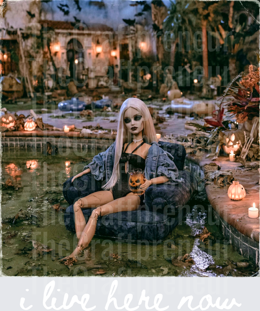 Halloween_Ratchet Barbie_Witchy_Zombie_Living Dead Girl_I Live Here Now_Pool_Hurricane_Spooky Season_White