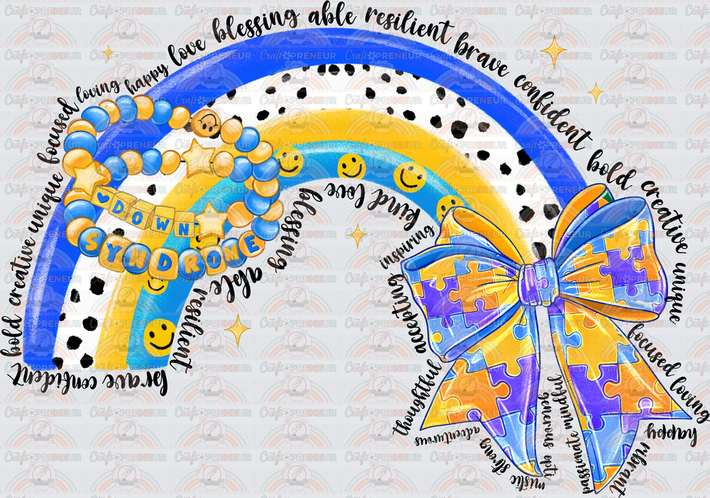 002_Causes_Down Syndrome_Awareness_Blue and Yellow_March Causes_Chromosomes_Rainbow Coquette Bow
