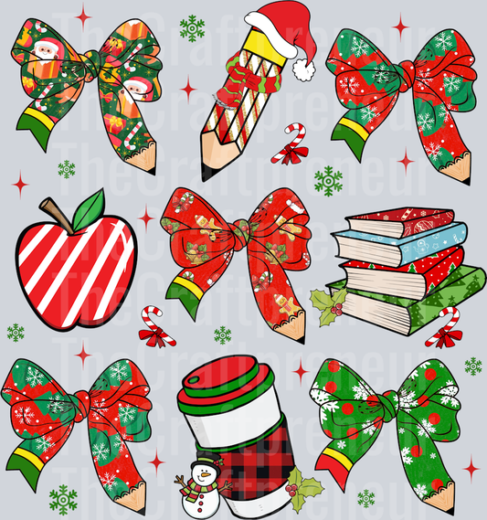 Teacher Christmas Coquette Bow Patterns DTF Transfer