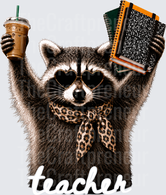 School_Teacher_Raccoon_Notebooks_Iced Coffee_Hands Up_White