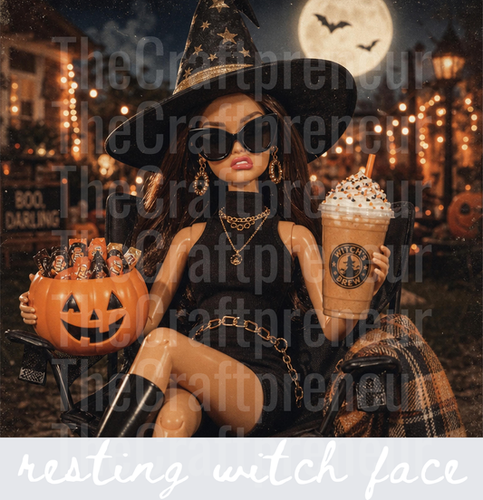 Halloween_Ratchet Barbie_Witchy_Witch_Resting Witch Face_RBF_Resting Bitch Face_Sunnies_Frappuccno_Trick of Treat_Brunette_Moon_White