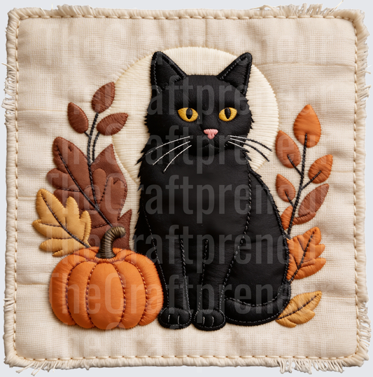 002_Fall_Cats_Black Cat_Pumpkin_Leaves_Quilt_Patchwork_Faux Fabric