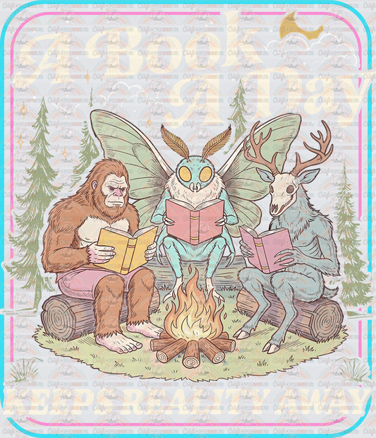 Books_Witchy_Cryptid_Big Foot_Moth Man_Dog Man_Campfire_A Book A Day Keeps Reality Away_Retro Frame_Vintage_Bookish_Light