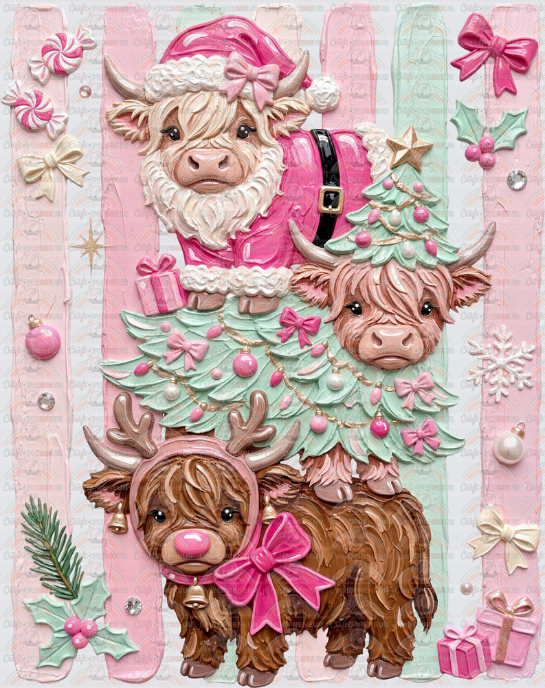 XMAS_Highland Cow_Preppy_Faux Paint_Preppy Lines_Cows_Pink Christmas_Bows