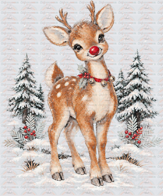 XMAS_Vintage_Reindeer_Rudolph_Retro Look_Boutique style_Pine Trees_Snow_Deer
