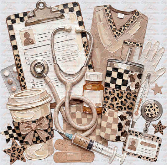 Fall_Nurse_Boho_Faux Paint_Neutral_Clipboard_Scrubs_Stethoscope_Coffee_Badge Reel