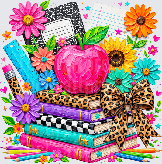 School_Jobs_Teacher_Book Stack_Faux Paint_Florals_Bow_Apple_Vibrant_Composition Notebook_Paper_Teacher Things_Classroom