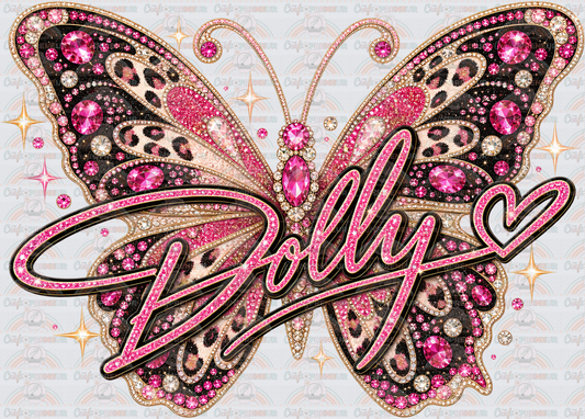 Music_Country Music_Dolly Parton_Butterfly_Metallic_Pink_Gold_Signature_Faux Glitter_Faux Rhinestone