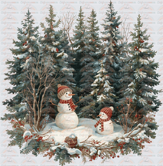 Seasonal_Winter_Snowman_Trees_Pine Trees_Vintage