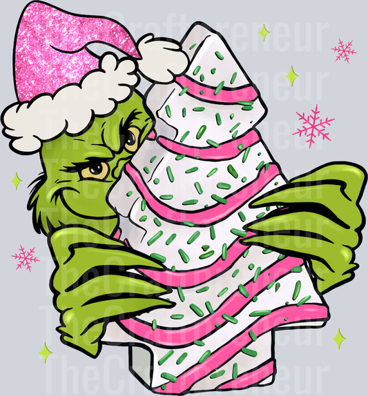 Grinch Pink Christmas Tree Cake DTF Transfer