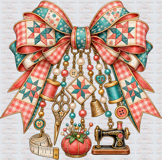 Hobbies_Crafting_Sewing_Quilting_Patchwork_Grandma Hobbies_Sewing Machine_Thread_Coquette Bow_Charm Bow