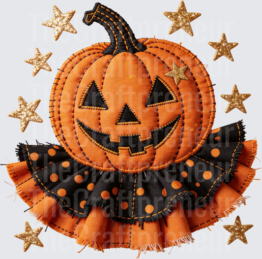 002_Fall_Halloween_Jack o Lantern_Patchwork_Head_Faux Glitter_Stars_Faux Fabric