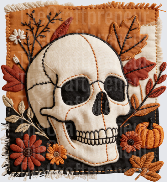 002_Fall_Skeleton_Patchwork_Leaves_Faux Embroidery_Spooky_Fray_Quilted