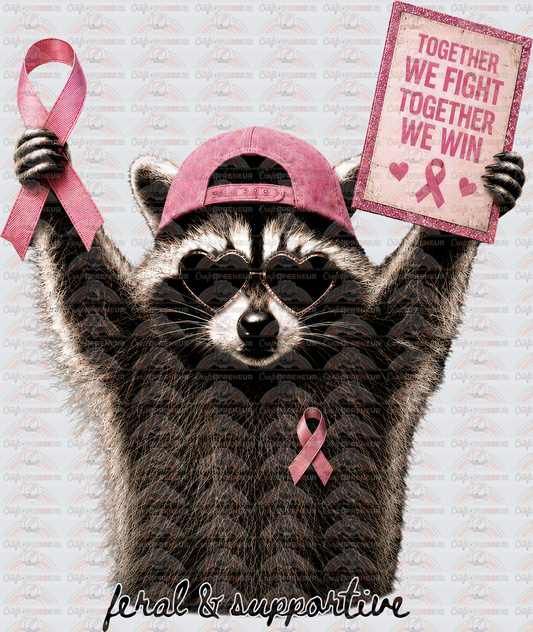 Causes_Cancer_Breast Cancer Awareness_Raccoon_Feral and Supportive_Support_Pink Ribbon_Hands Up