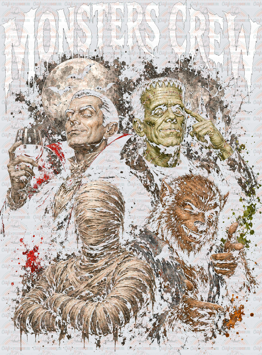 002_Halloween_Halftone_Monsters_Classic Horror_SSS_MONSTER CREW_Curved Text_Werewolf_Mummy_Frankenstein_Dracula