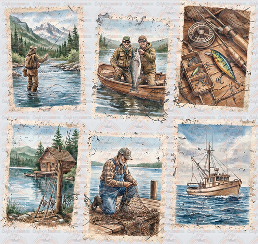 Hobbies_Fishing_Outdoors_Nature_Lake_Cabin_Mountains_Tackle_Bait_Boat_Postage Stamp_Retro_Distressed