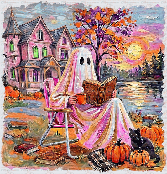 Books_Fall_Ghost_Brush Stroke_Faux Paint_Haunted House_Sunset_Bookish_Spooky Season_Preppy_LP