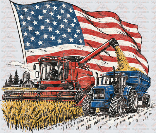 Farming_Tractor_Combine Harvest_Iternational Tractor_Red_America_Patriotoic_Fly Over States_Western_Farm_Corn_Wheat_Blue