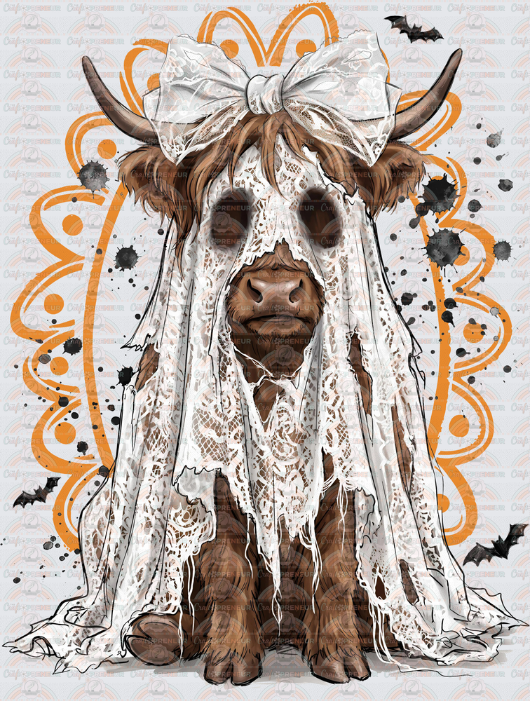 Halloween_Cows_Highland Cow_Ghost_Lace_Preppy_Bow_White