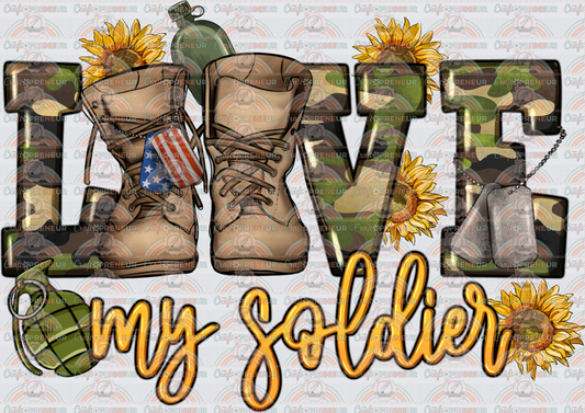 USA_Military_Family_Military Wife_Military Mom_Soldier_Love My Soldier_Camo_Sunflowers_Yellow Ribbon_Combat Boots_Dog Tags