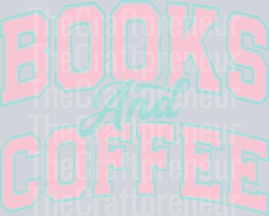 Books & Coffee Varsity Distressed Pink DTF Transfer