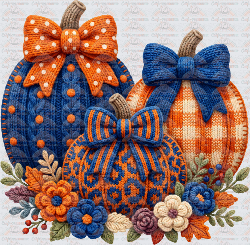 Seasons_Fall_Pumpkins_Blue_Faux Yarn_Knit_Trio_Florals