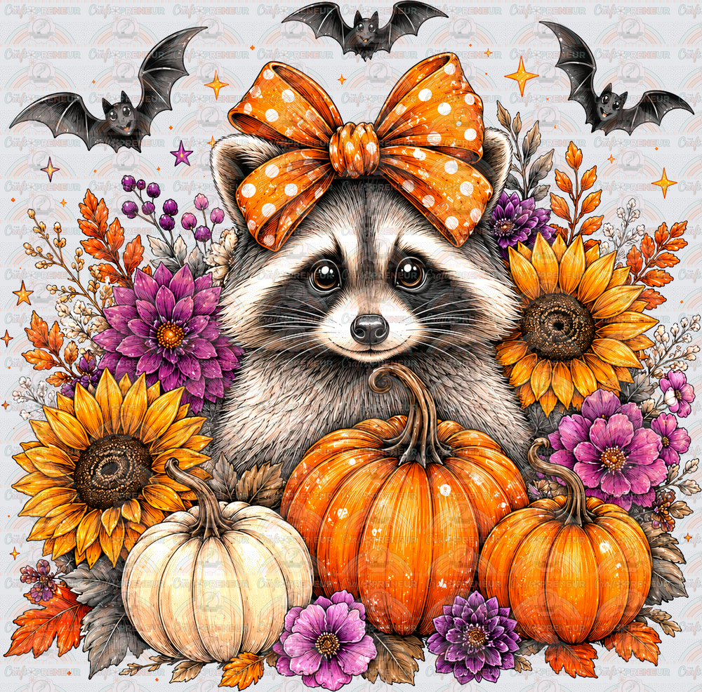 Fall_Raccoon_Pumpkins_Sunflowers_Bow_Bats_Wildflowers_Cute