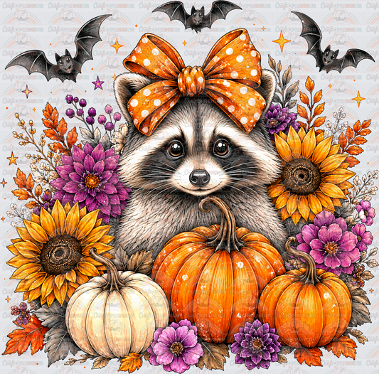 Fall_Raccoon_Pumpkins_Sunflowers_Bow_Bats_Wildflowers_Cute