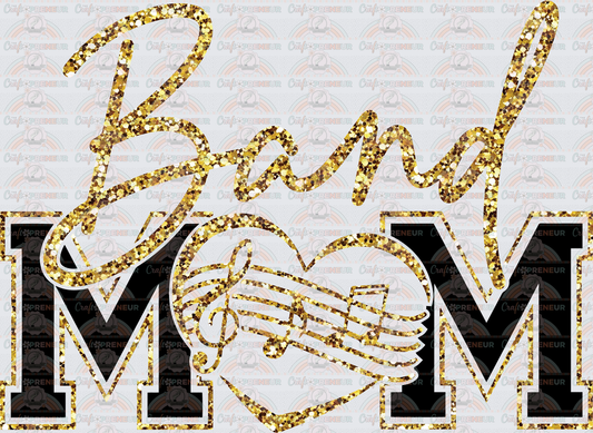 002_Sports_Marching Band_Band Mom_Varsity_Gold Glitter_Script_Front_Black