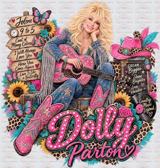 Music_Country Music_Dolly Parton_Pink Guitar_Name in Lights_Big Hair Cowgirl Boots