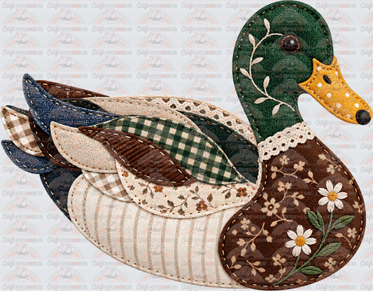 Animals_Mallard_Duck_Bird_Patchwork_Grannycore_Faux Fabric_Faux Embroidery_Hunting_Gingham_Quilted