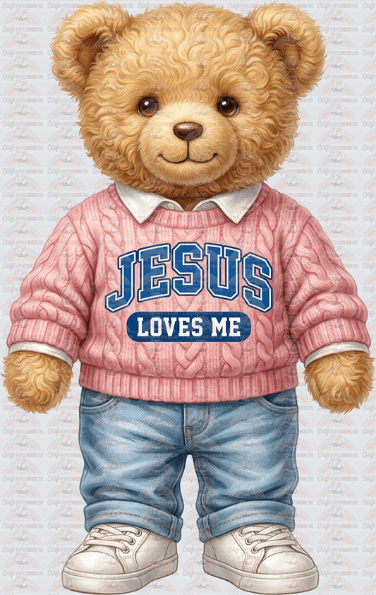 002_Faith_Teddy Bear_Crewneck_Watercolor Set_Jesus Loves Me_Varsity letters_Pink