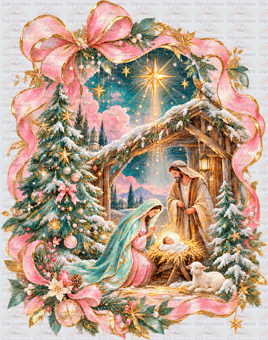 XMAS_Faith_Christmas_Nativity Scnene_Girly_Preppy_Pink Chrismtas_Religion_Baby Jesus_Mother Mary_Joseph_North Star_Bible Stories