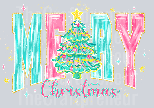 Preppy Varsity Merry Christmas Pink DTF Transfer