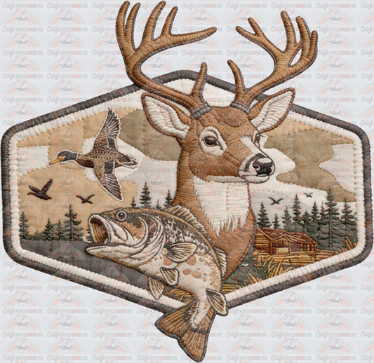 Hobbies_Hunting_Fishing_Camo_Patchwork_Quilted_Bass_Mallard_Outdoors_Nature_Faux Embroidery_Gannycore