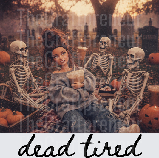 Halloween_Ratchet Barbie_Spooky Season_Graveyard_Dead Tired_Skeletons_Dead_Gravestone_Iced Coffee_Pumpkins_Fall_Sarcasm_Brunette_Black