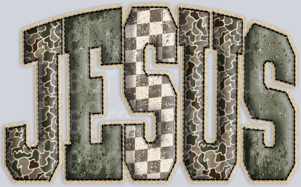 Camo Jesus Faux Embroidery Varsity DTF Transfer