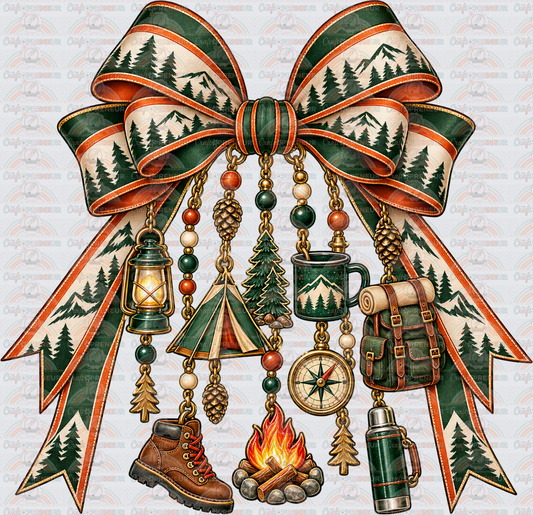 Hobbies_Camping_Hiking_Tent_Compass_Outdoors_Nature_Campfire_Coquette Bow_Charm Bow