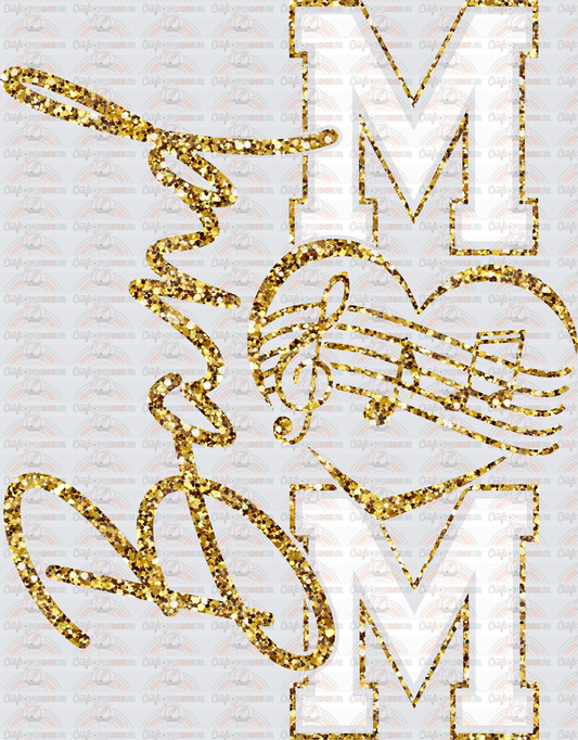 002_Sports_Marching Band_Band Mom_Varsity_Gold Glitter_Script_Back_White