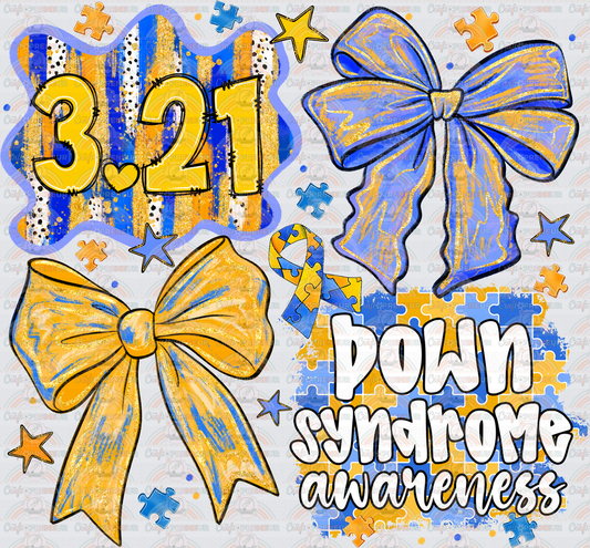 002_Causes_Down Syndrome_Awareness_Blue and Yellow_March Causes_Chromosomes_3.21 Coquette Bow_Brush Stroke_White