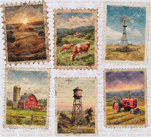 Farming_Western_Vintage_Postage Stamps_Red Barn_Silo_Tractor_Wind Spinner_Cows_Sunser