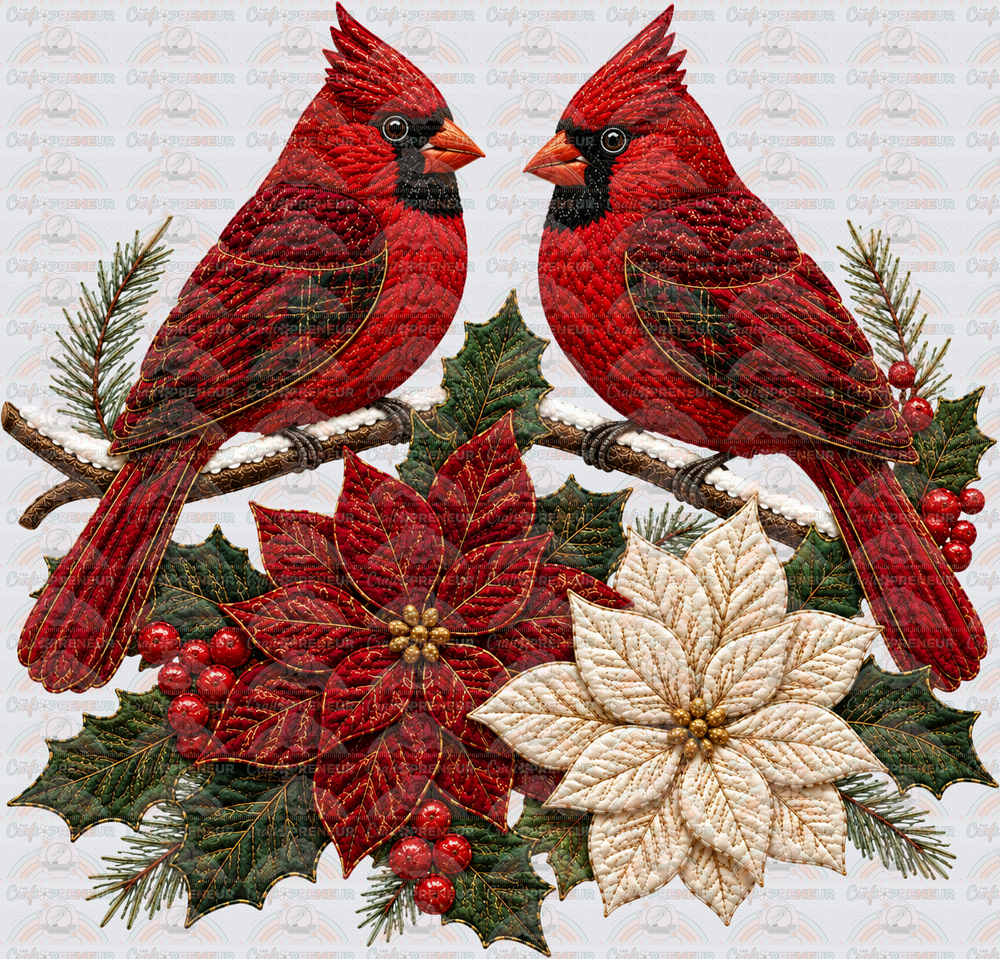 Animals_Birds_Cardinals_Christmas_XMAS_Faux Embroidery_Duo_Poinsettia