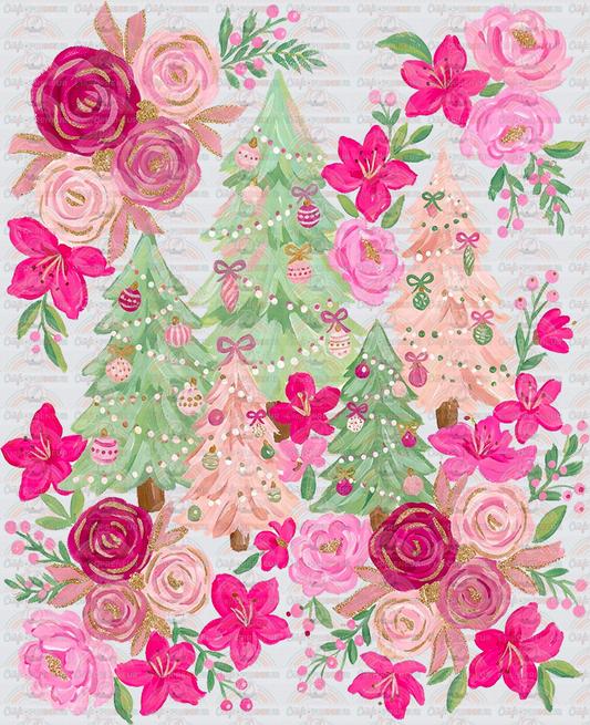 XMAS_Pink Christmas_Preppy_Watercolor_Florals_Christmas Tree_Boutique Style_Roses