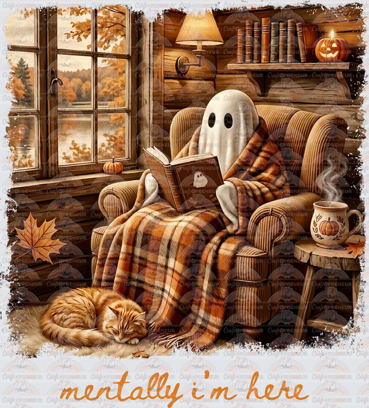 Fall_Ghost_Mentally Im Here_Books_Cats_Cozy_Cabin_Autumn_Bookish_Coffee_Tea_Orange