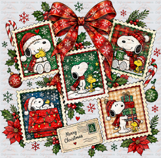 XMAS_Snoopy_Peanuts_Postage Stamp_Coquette Bow_Letter_Postcard_Woodstock